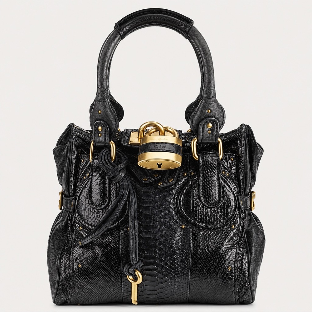 CHLOE PADDINGTON Mini Black Python & Black Leather
Satchel with Lock & Key NWOT